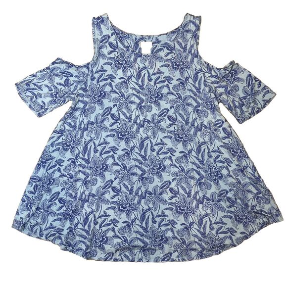 Chico's 1 Top MEDIUM Cold Shoulder Blouse Tropical Beach Blue Hawaiian Shirt - Picture 1 of 7